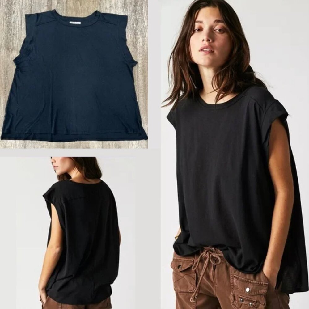 Free People We The Free Naomi Oversize Muscle Tee Black Size Medium NWT - Picture 2 of 5